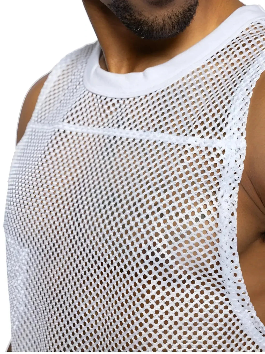 BIKE Athletic BAM135 sleeveless practice jersey in white; close-up lifestyle shot of the mesh material.