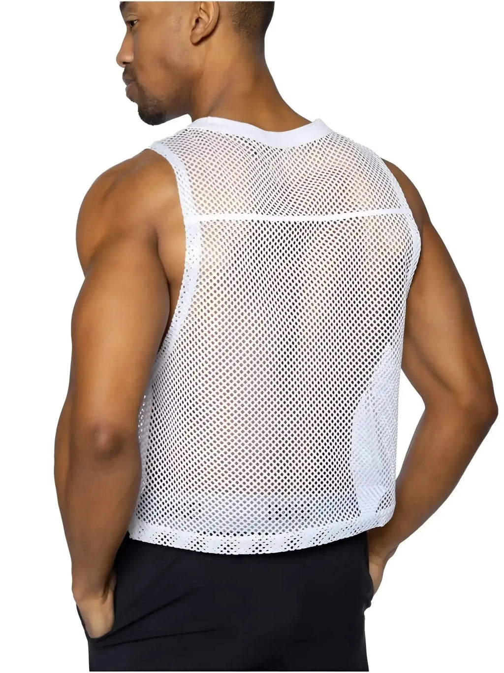 Back view of a man wearing a white BIKE Athletic BAM135 sleeveless mesh performance practice jersey.