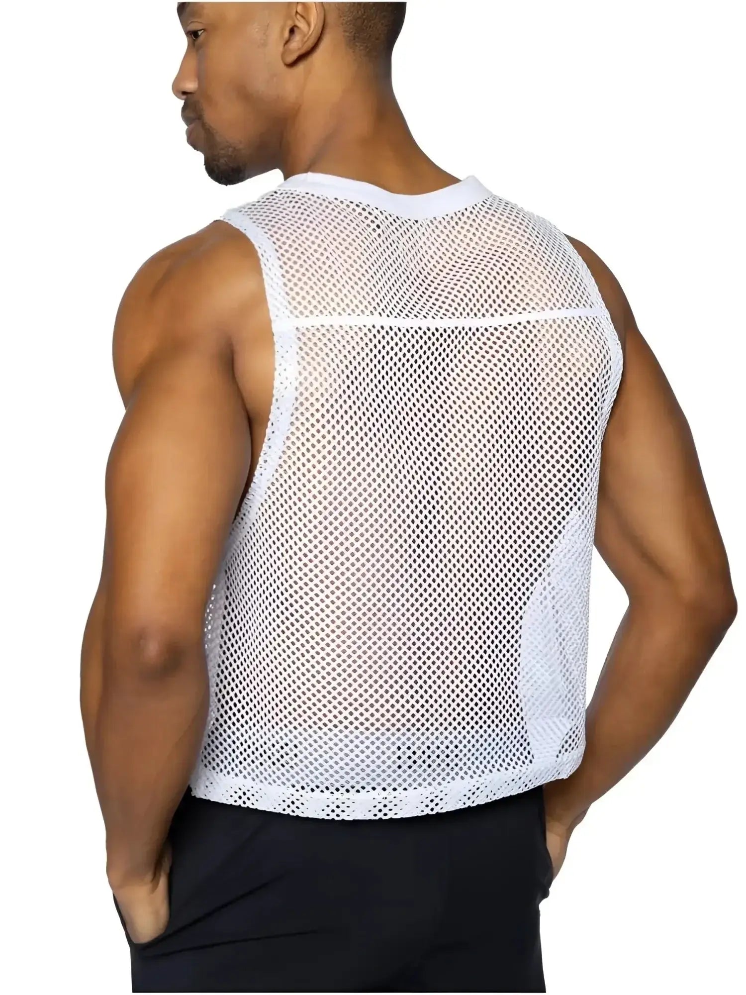 Back view of a man wearing a white BIKE Athletic BAM135 sleeveless mesh performance practice jersey.