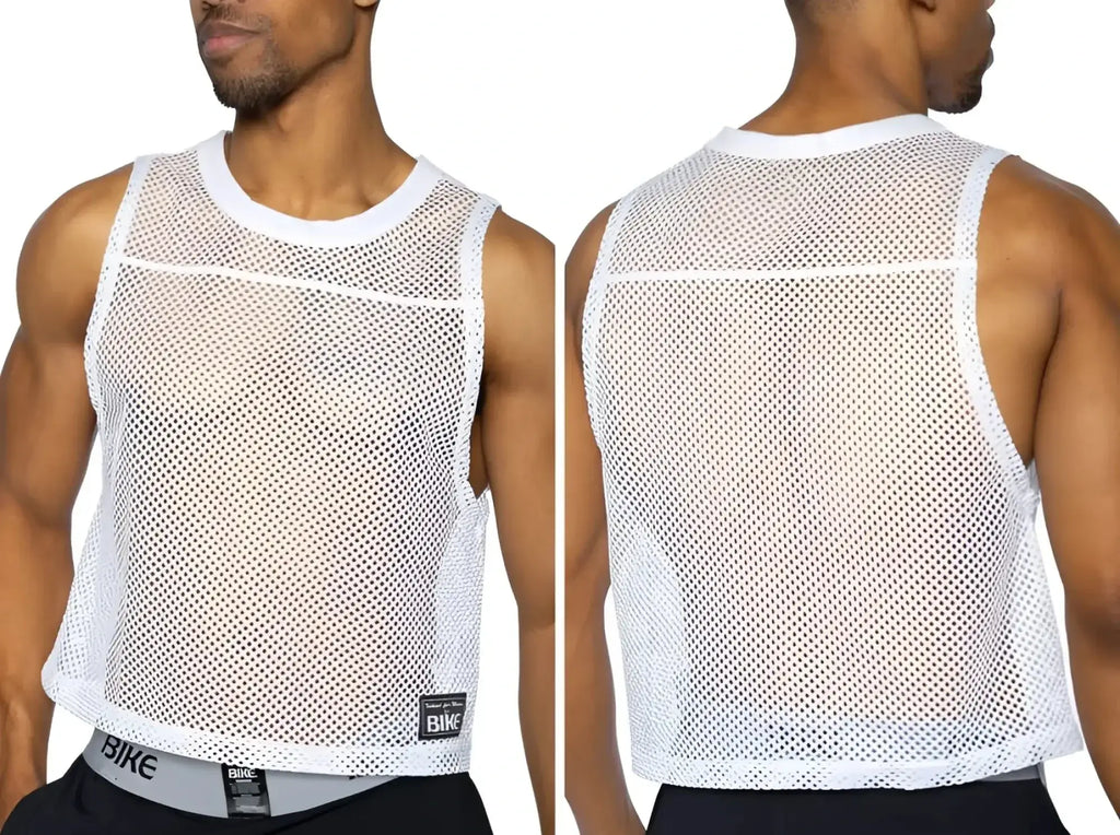 BIKE Athletic BAM135 white sleeveless practice jersey shown from front and back angles on a model.