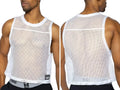 BIKE Athletic BAM135 white sleeveless practice jersey shown from front and back angles on a model.