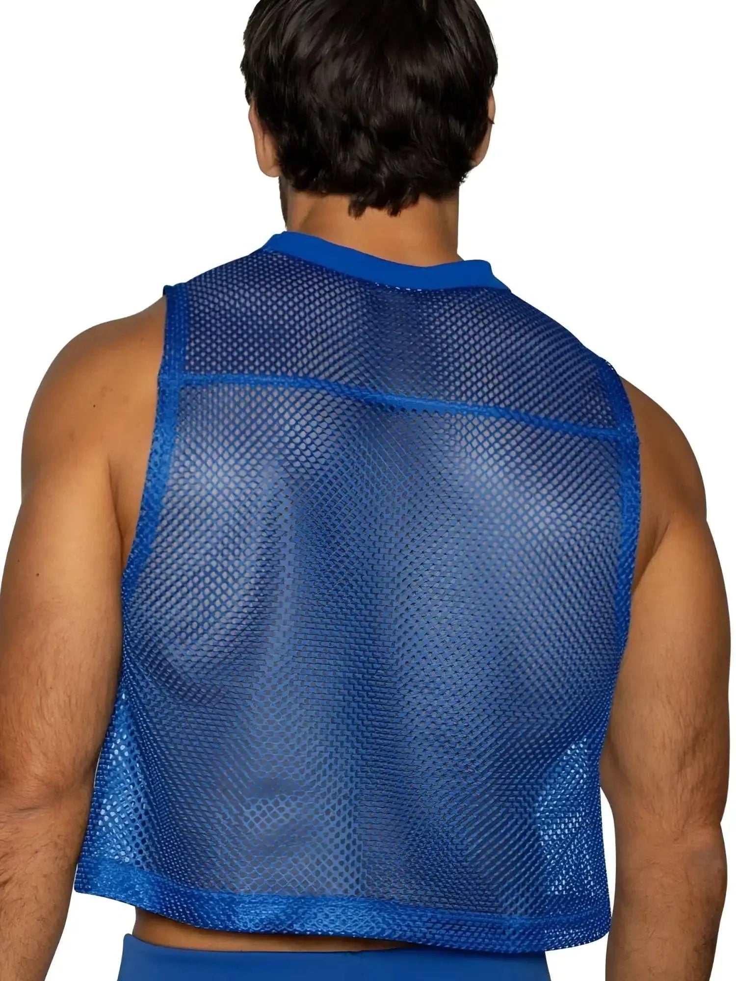 BIKE Athletic BAM135 sleeveless practice jersey in royal blue, back view on a model.