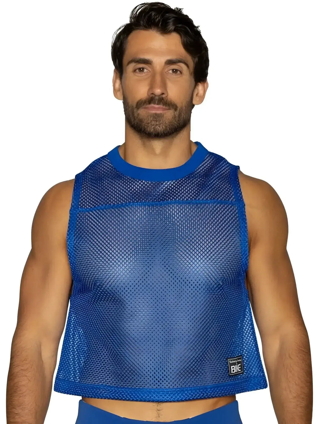 Front view of a man wearing a royal blue BIKE Athletic BAM135 mesh sleeveless practice jersey.