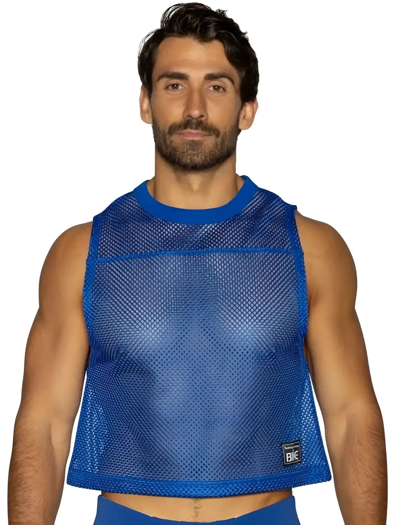 Front view of a man wearing a royal blue BIKE Athletic BAM135 mesh sleeveless practice jersey.