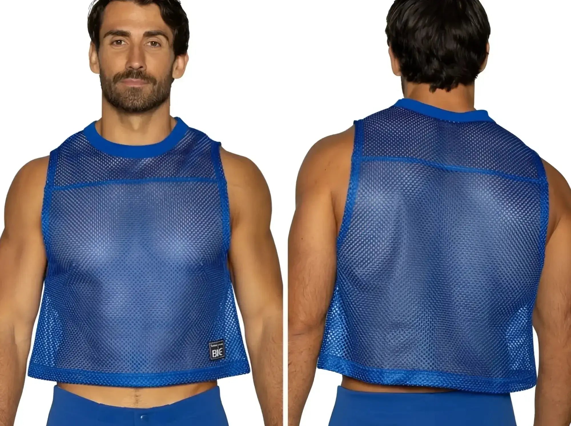 BIKE Athletic BAM135 sleeveless practice jersey in royal blue, showing front and back views on a model.