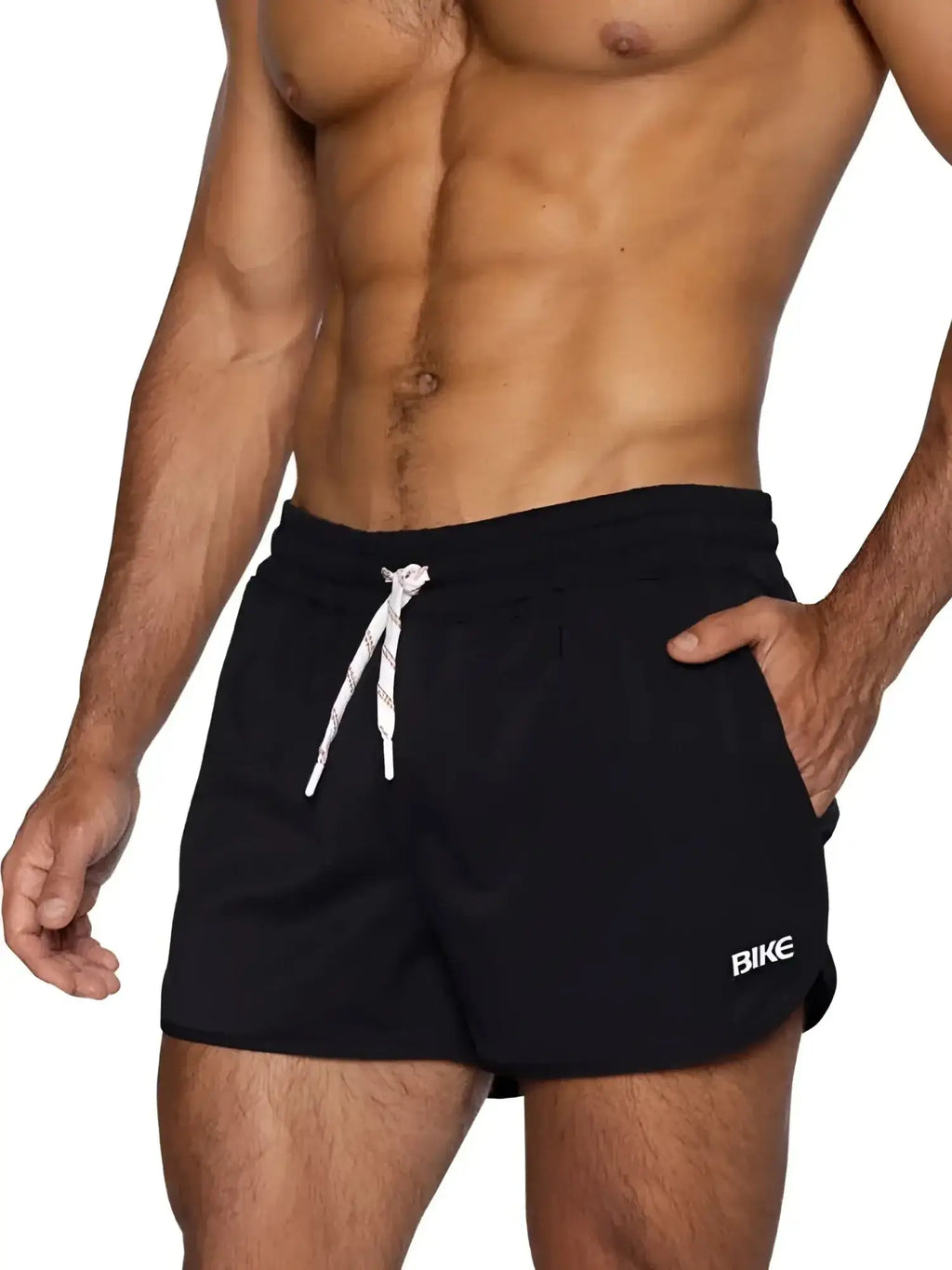 BIKE Athletic BAM200 track shorts in black, front view on a model.