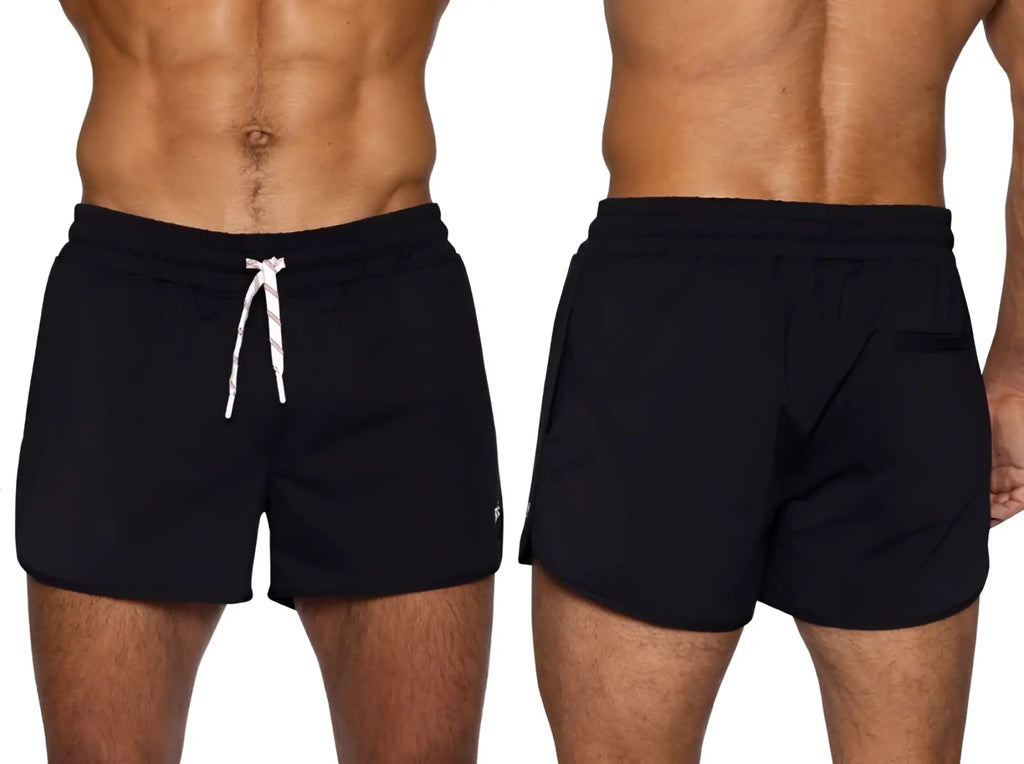BIKE Athletic BAM200 track shorts in black, showing front and back views on a model.