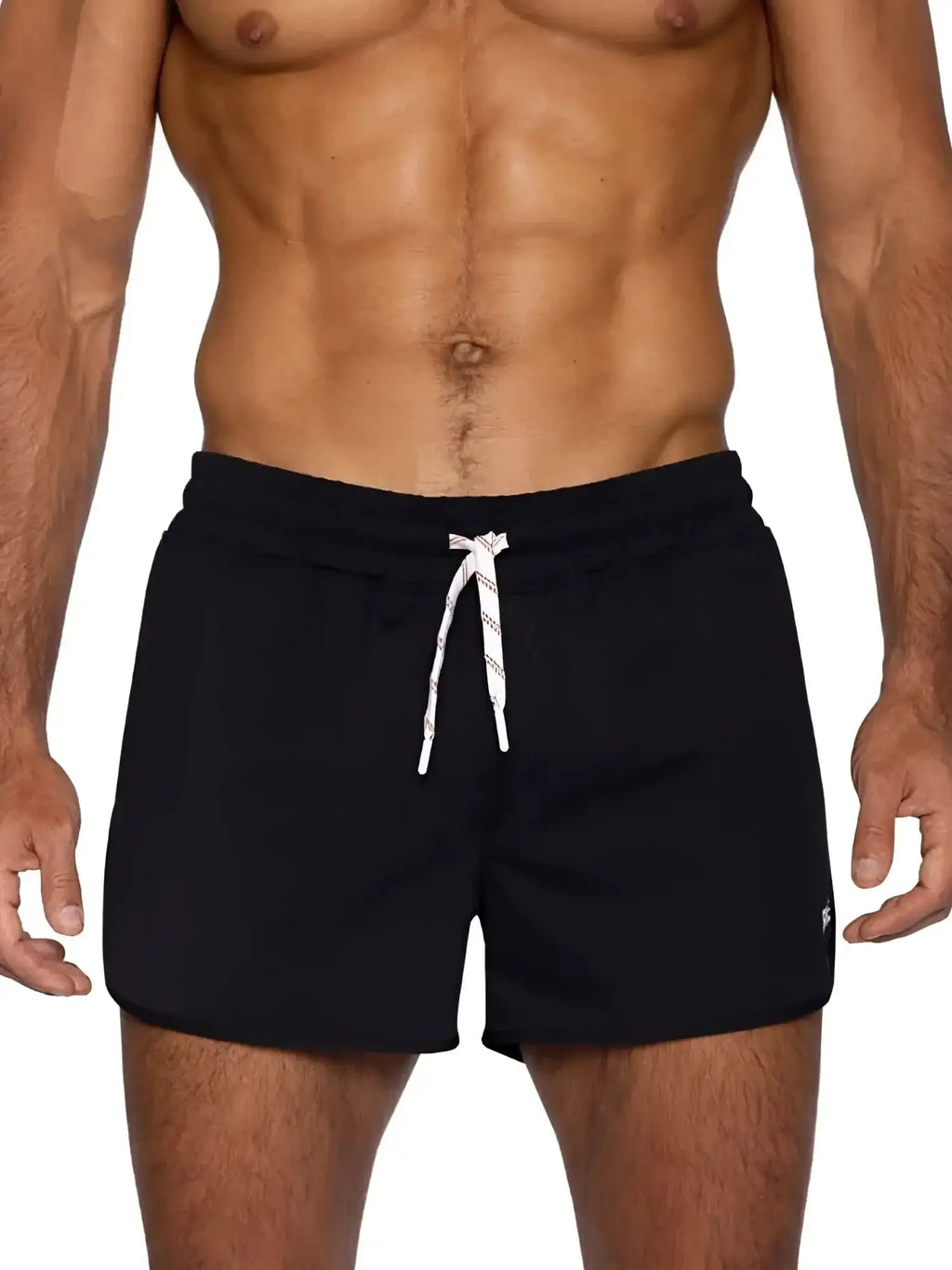 Front view of BIKE Athletic BAM200 track shorts in black on a model.