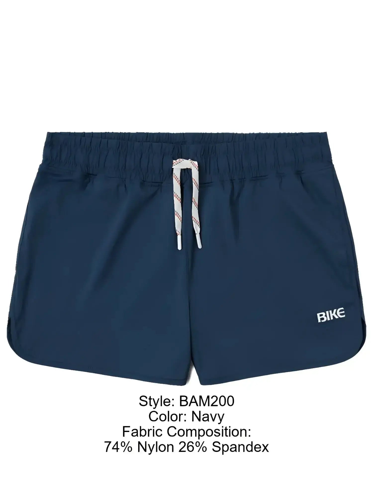 Front view of BIKE Athletic BAM200 track shorts in navy with a white drawstring.