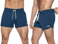 Front and side view of BIKE Athletic BAM200 track shorts in navy worn by a model.