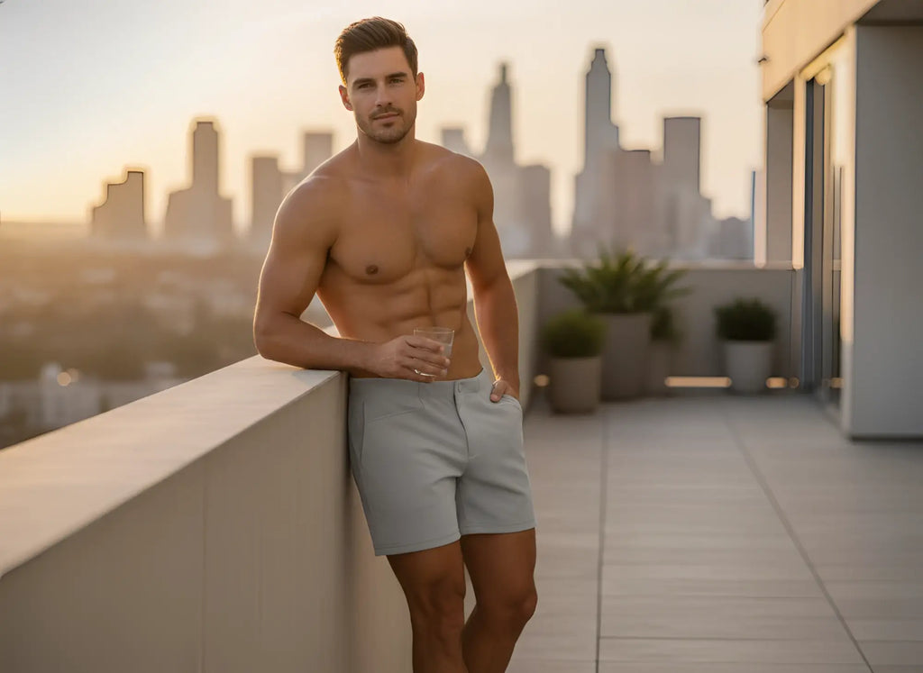 BIKE Athletic BAM207 Coaches 5-inch casual shorts in gray, shown from front and back views.