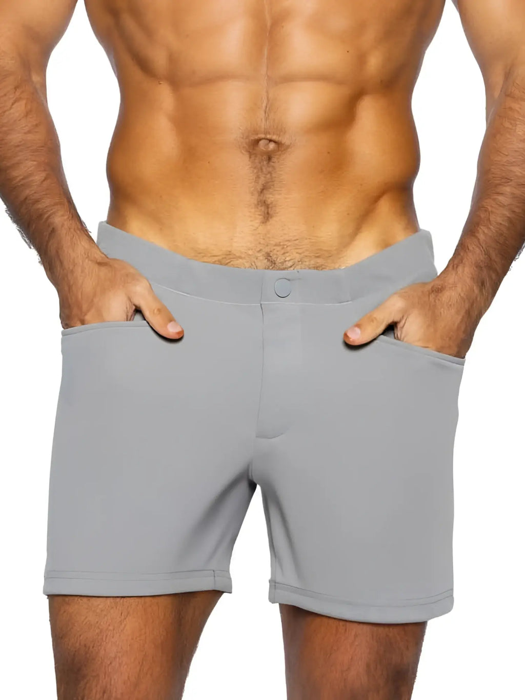 Front view of BIKE Athletic BAM207 Coaches 5-inch inseam shorts in gray on a model.