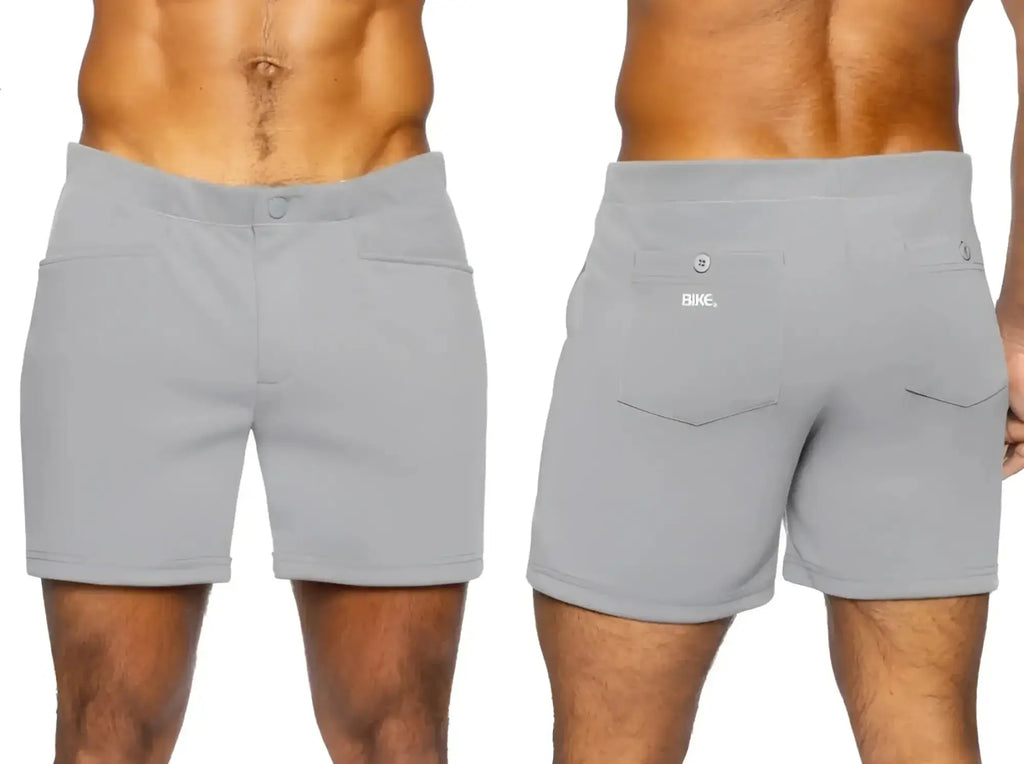 BIKE Athletic BAM207 Coaches 5-inch casual shorts in gray, shown from front and back views.
