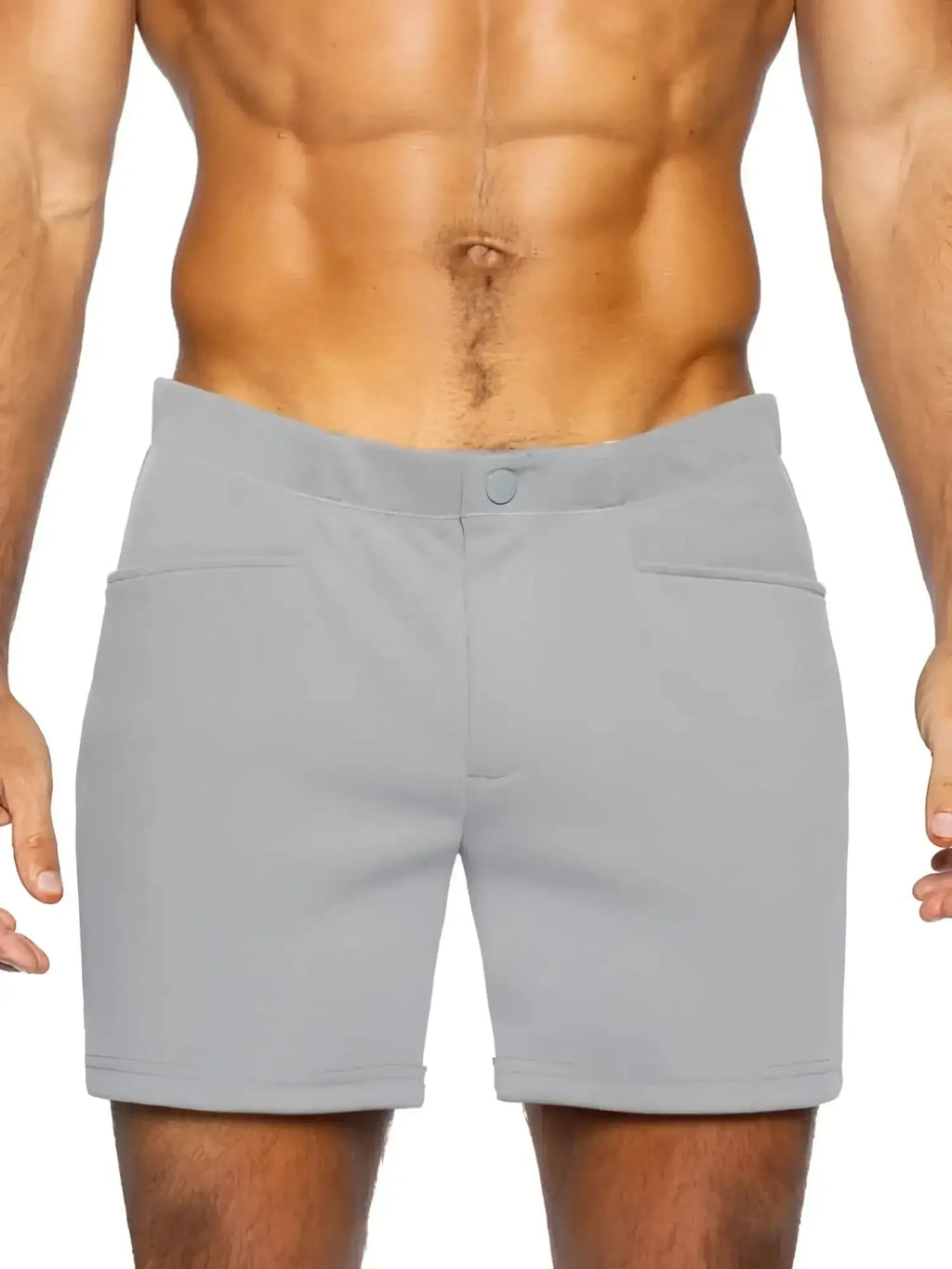 Front view of gray BIKE Athletic BAM207 Coaches 5-inch inseam casual shorts on a male model.