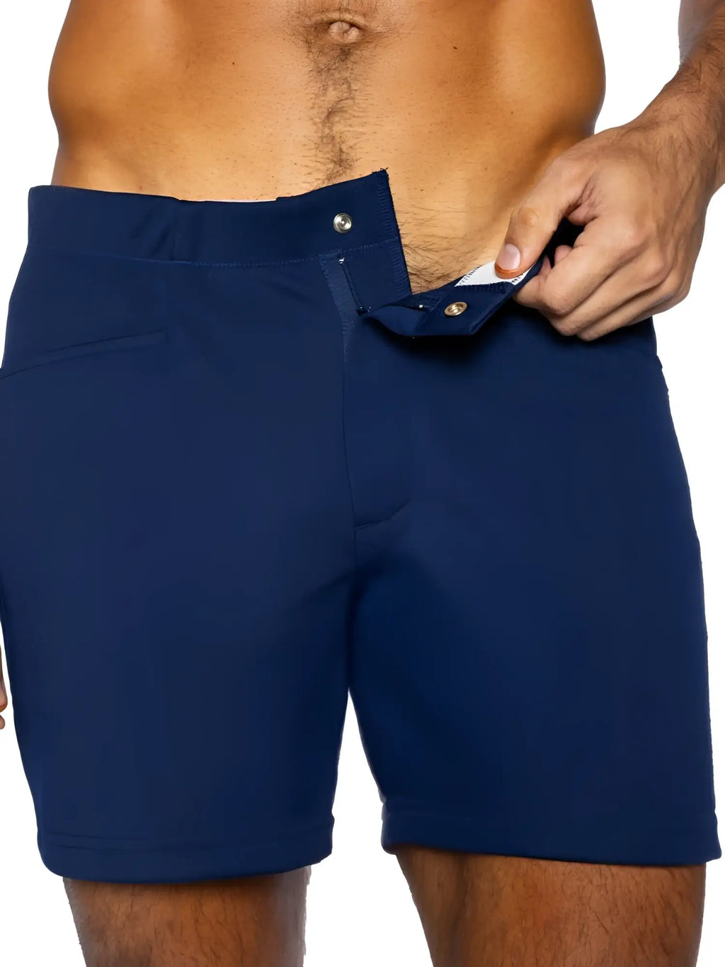BIKE Athletic BAM207 Coaches 5-inch shorts in navy; detail view showing the snap closure and waistband.