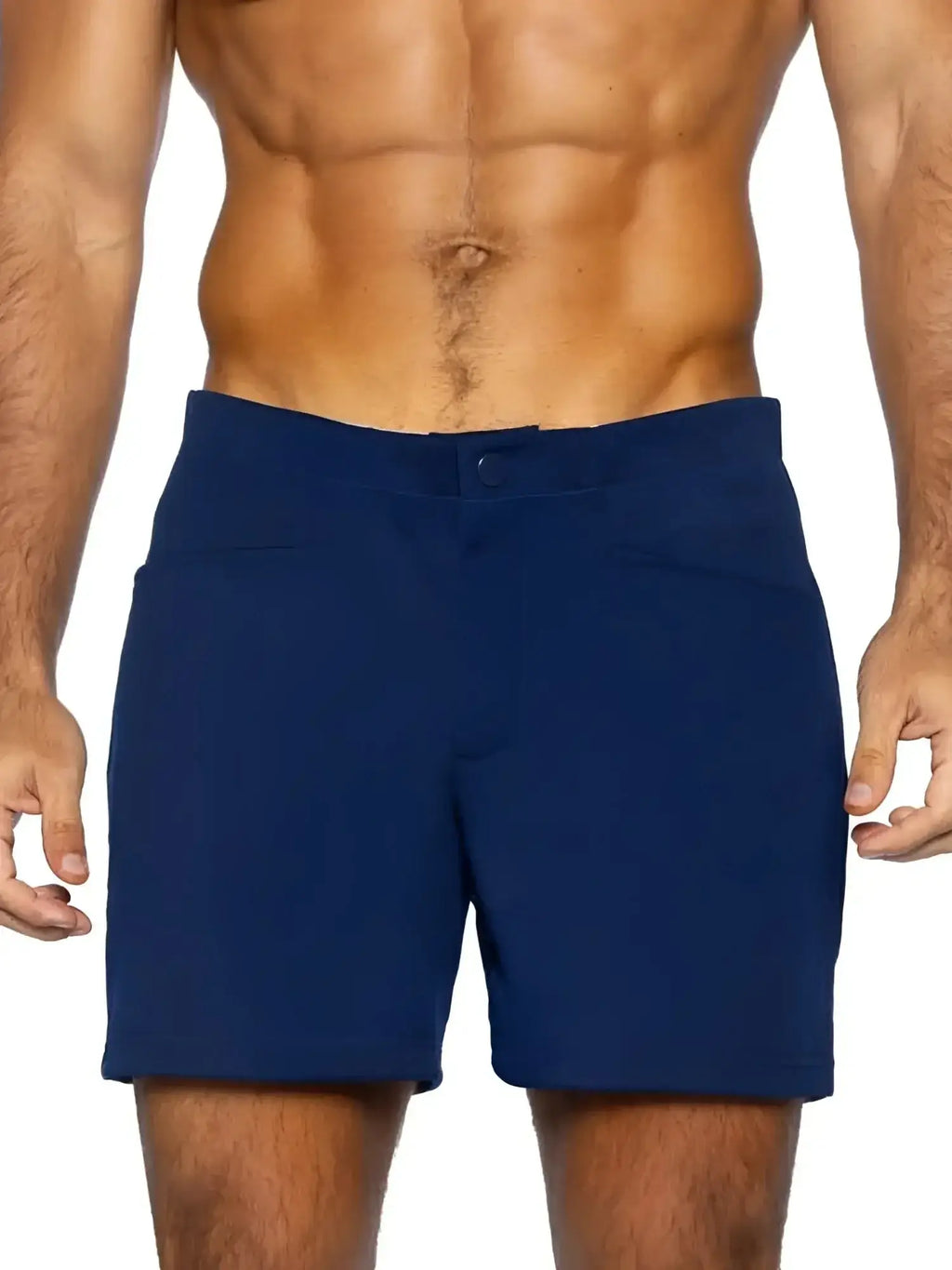 Front view of BIKE Athletic BAM207 Coaches 5-inch inseam casual shorts in navy worn by a model.