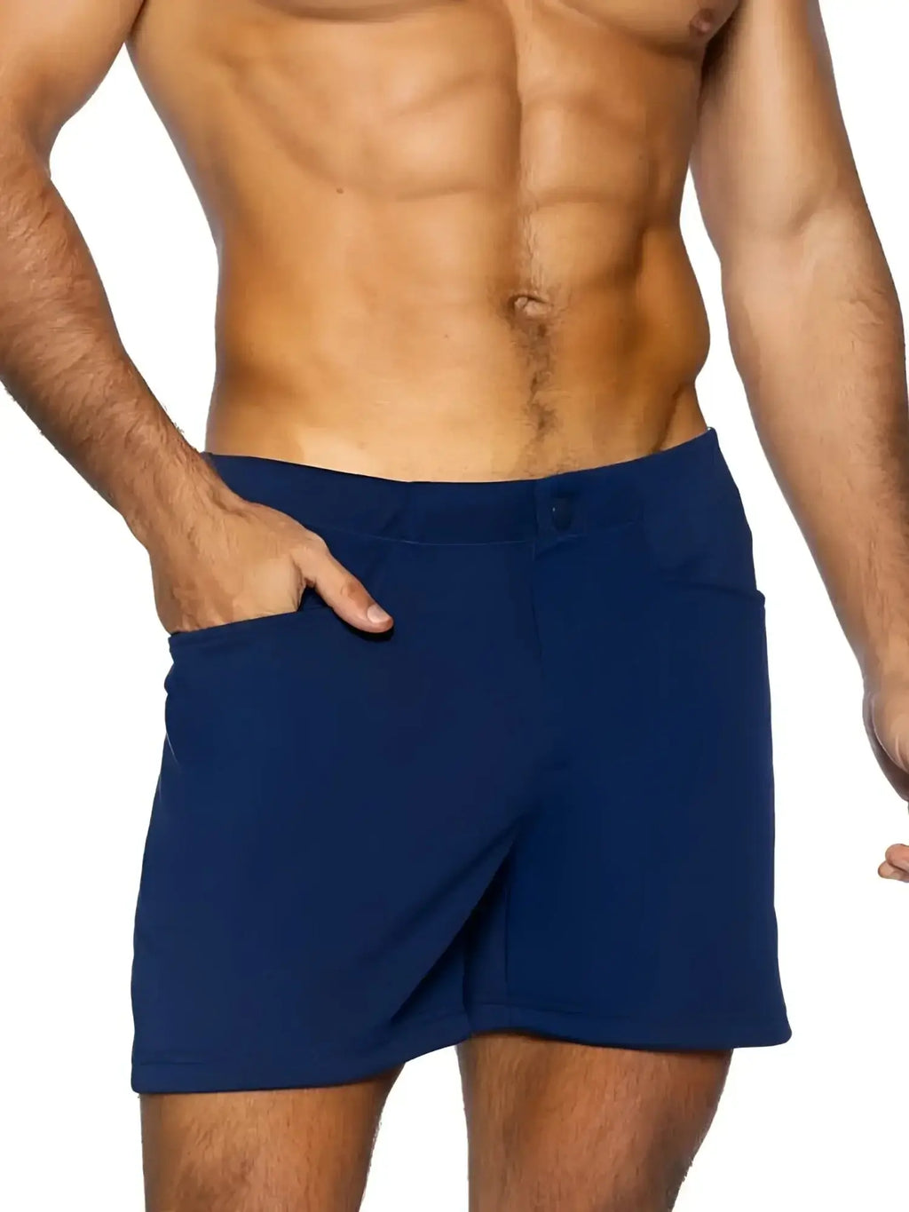 Front view of BIKE Athletic BAM207 Coaches Short in navy blue on a model.
