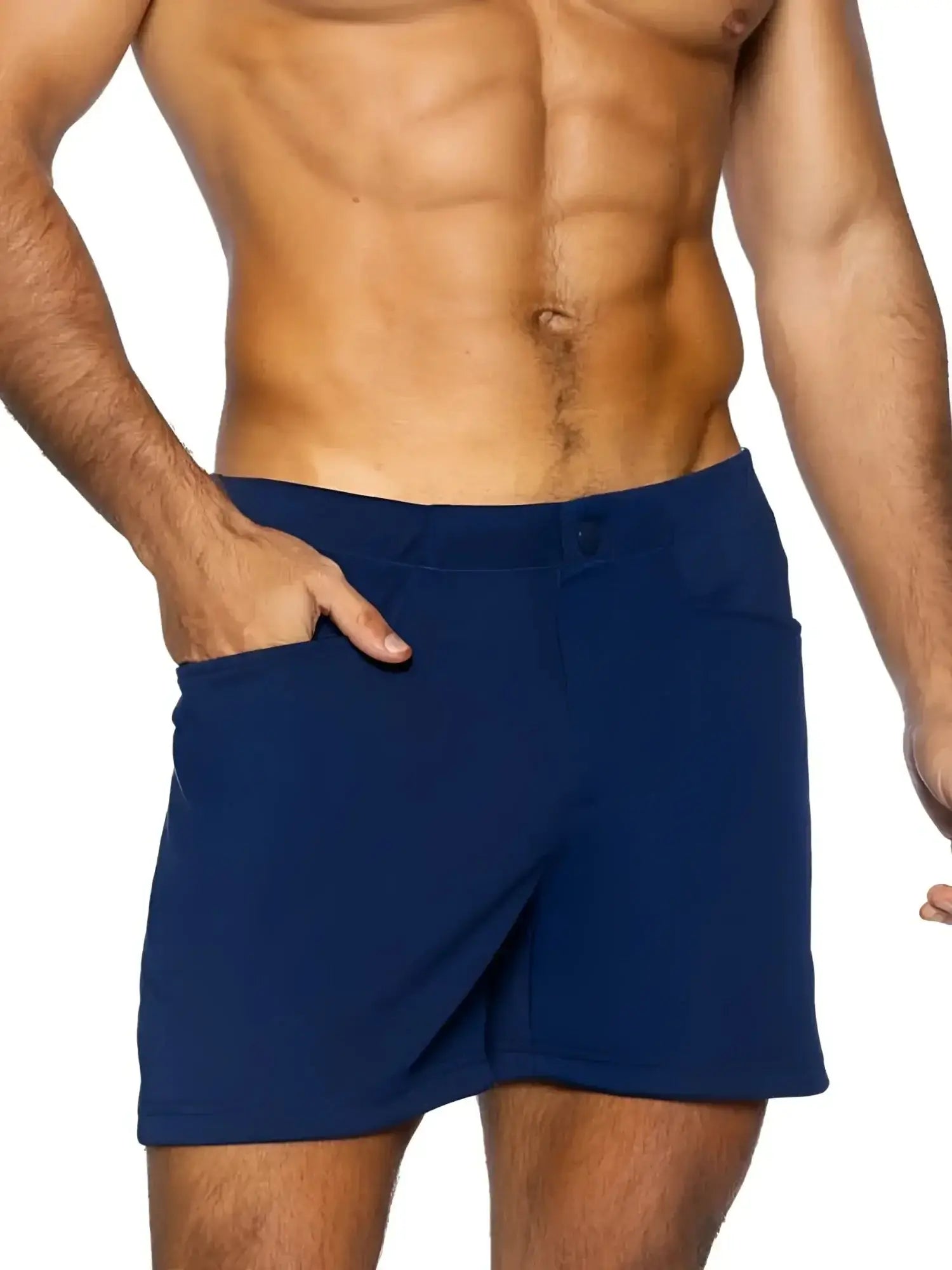 Front view of BIKE Athletic BAM207 Coaches Short in navy blue on a model.