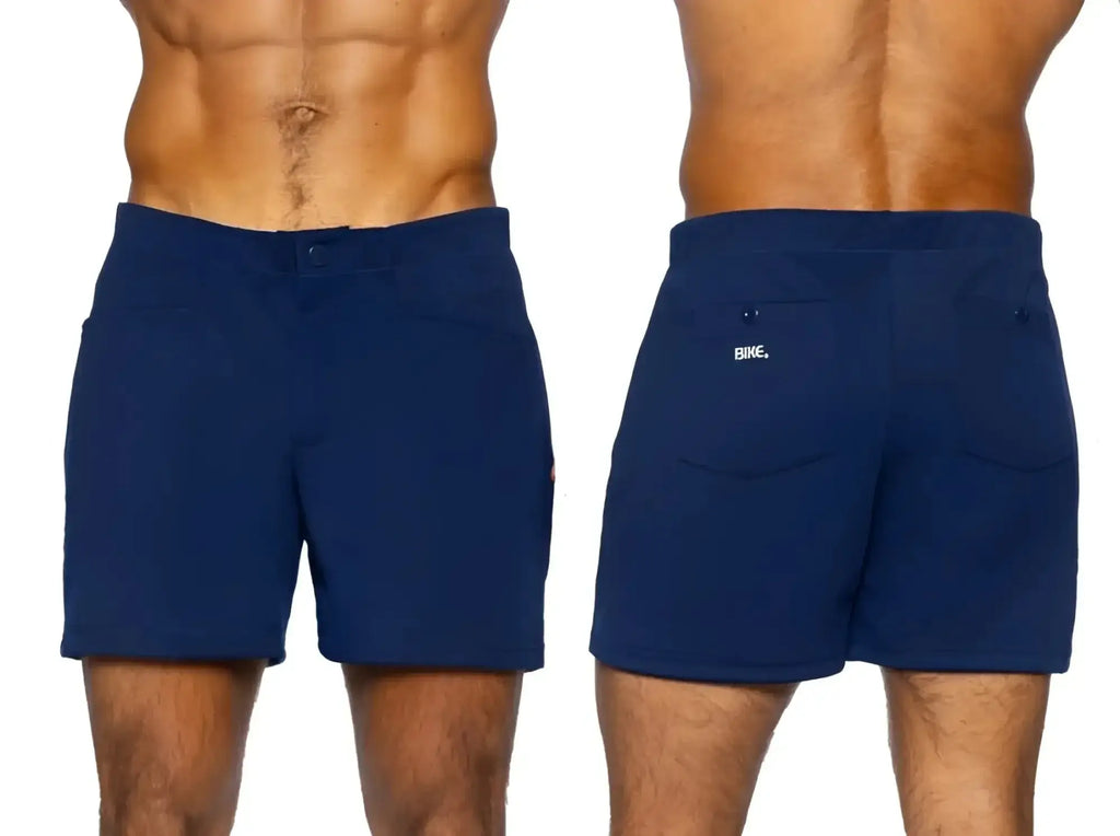 BIKE Athletic BAM207 Coaches 5-inch shorts in navy, shown from front and back views.