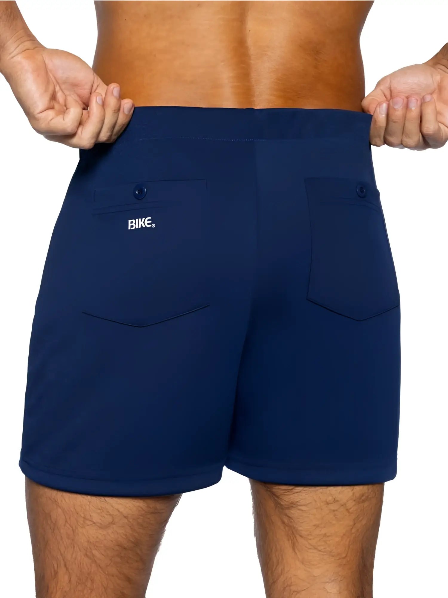 BIKE Athletic BAM207 Coaches Short in navy, back view showing back pockets and branding.