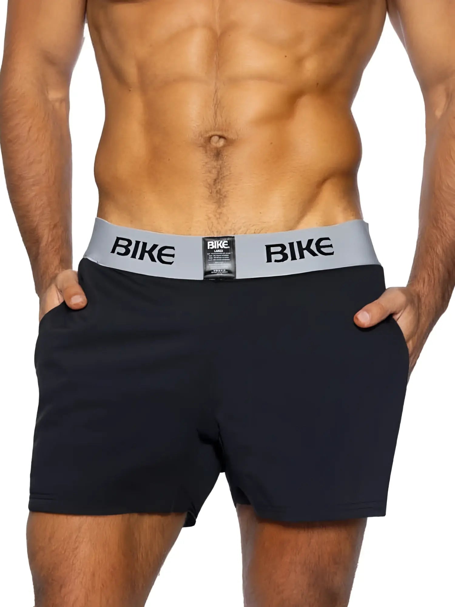 Front view of BIKE Athletic BAM216 Jock Short in black worn by a model.