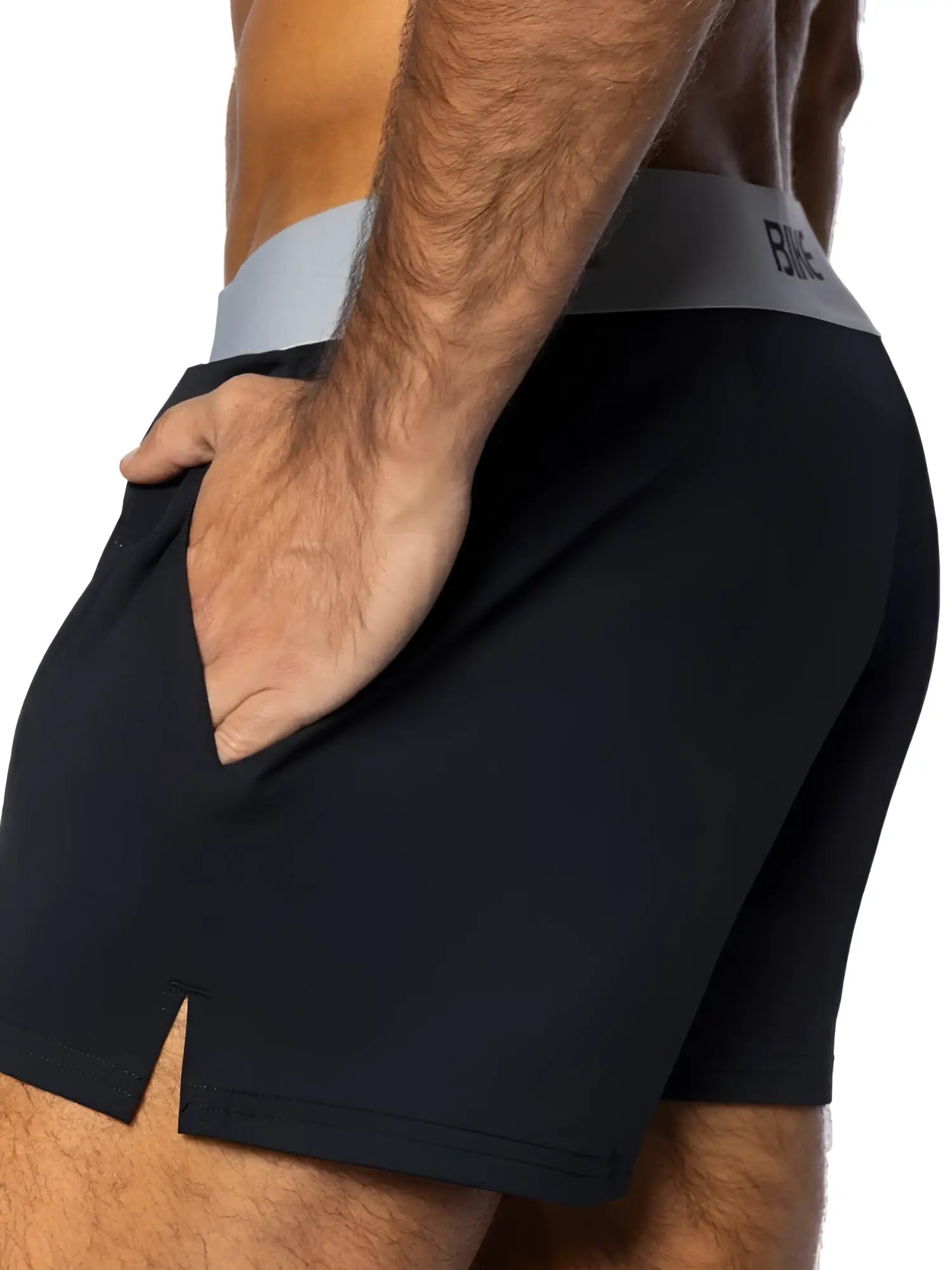BIKE Athletic BAM216 Jock Short in black, side view lifestyle shot showing the waistband and pocket detail.
