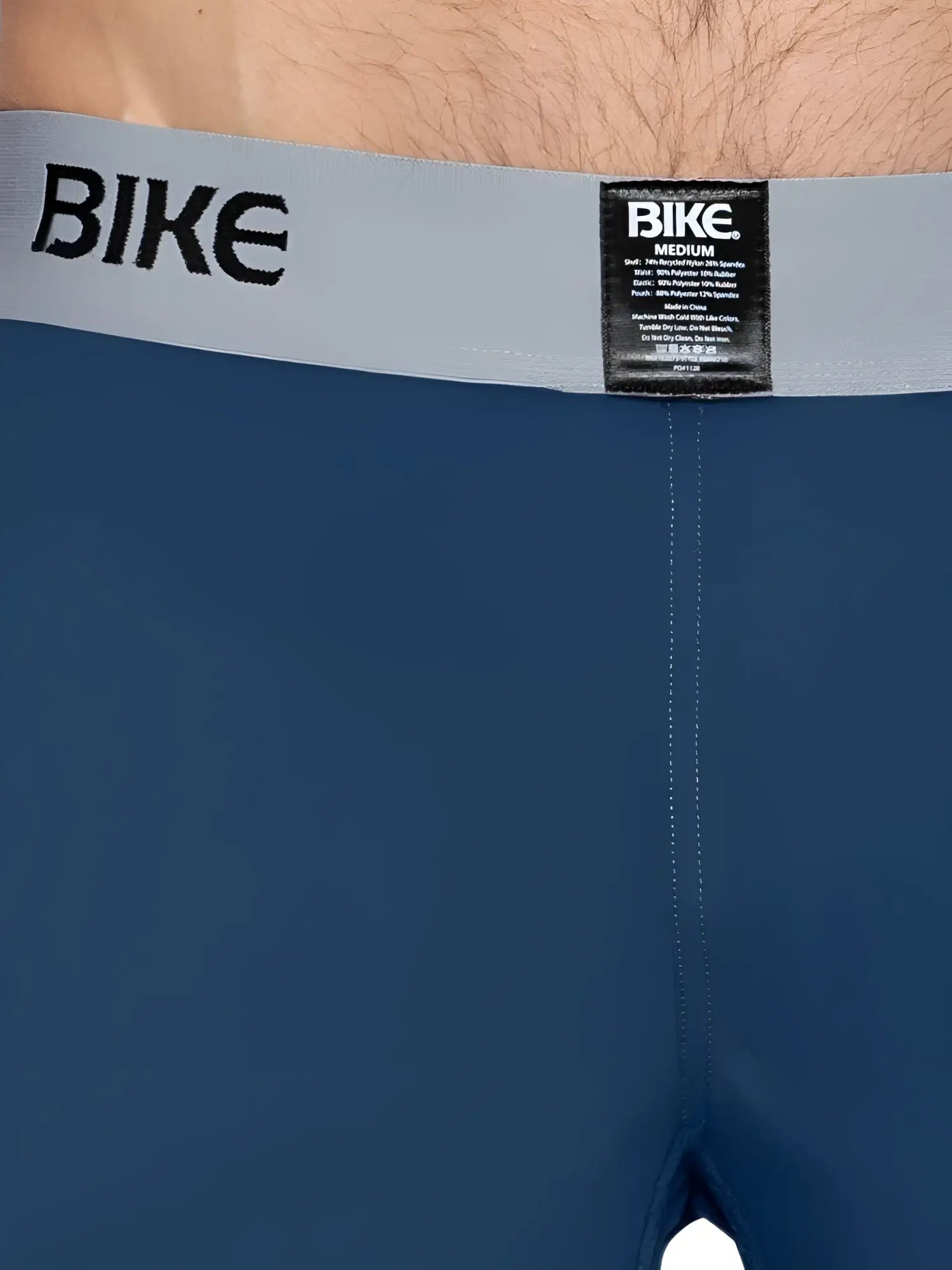 Detail view of the navy BIKE Athletic BAM216 Performance Jock Short showing the elastic logo waistband.