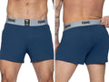 Navy blue athletic shorts with a grey branded "BIKE" elastic waistband. Smooth, performance-fabric trunk style.