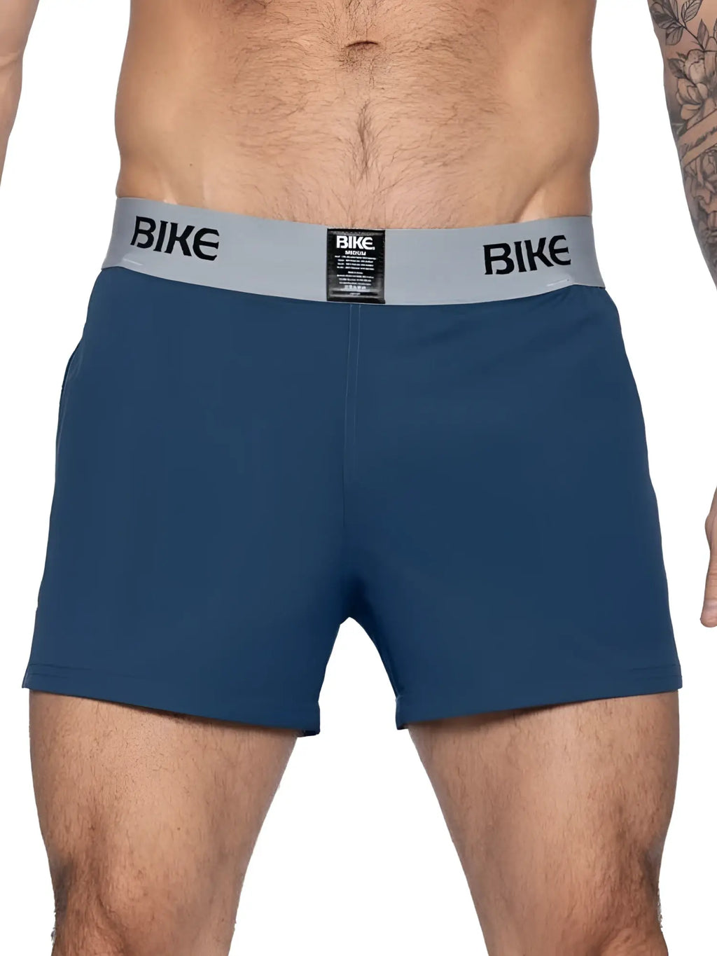 Front view of the BIKE Athletic BAM216 Performance Jock Short in navy blue worn by a model.