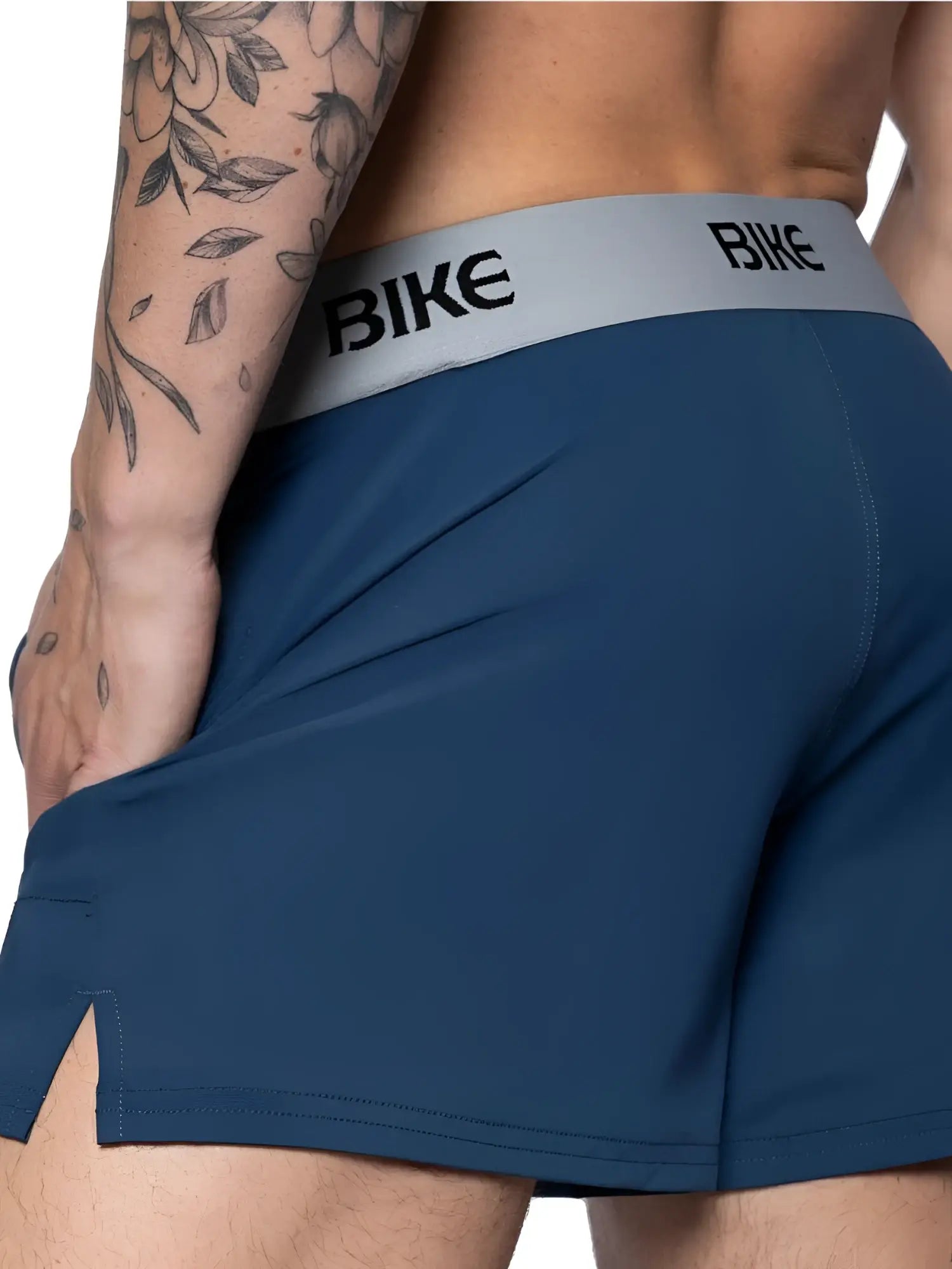 BIKE Athletic BAM216 Performance Jock Short in navy. Lifestyle side view showing the waistband and fabric detail.