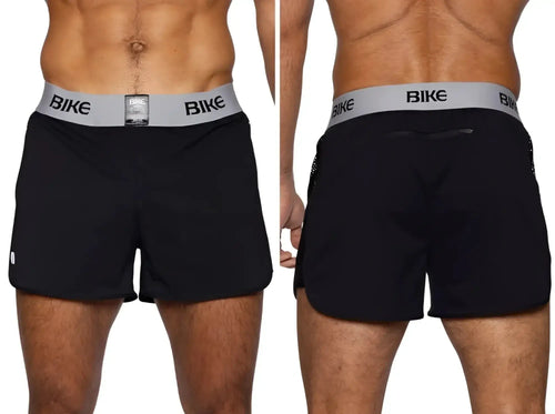 BIKE Athletic BAM225 Peek-a-boo Jock Short in black. Front and back view of the casual shorts.