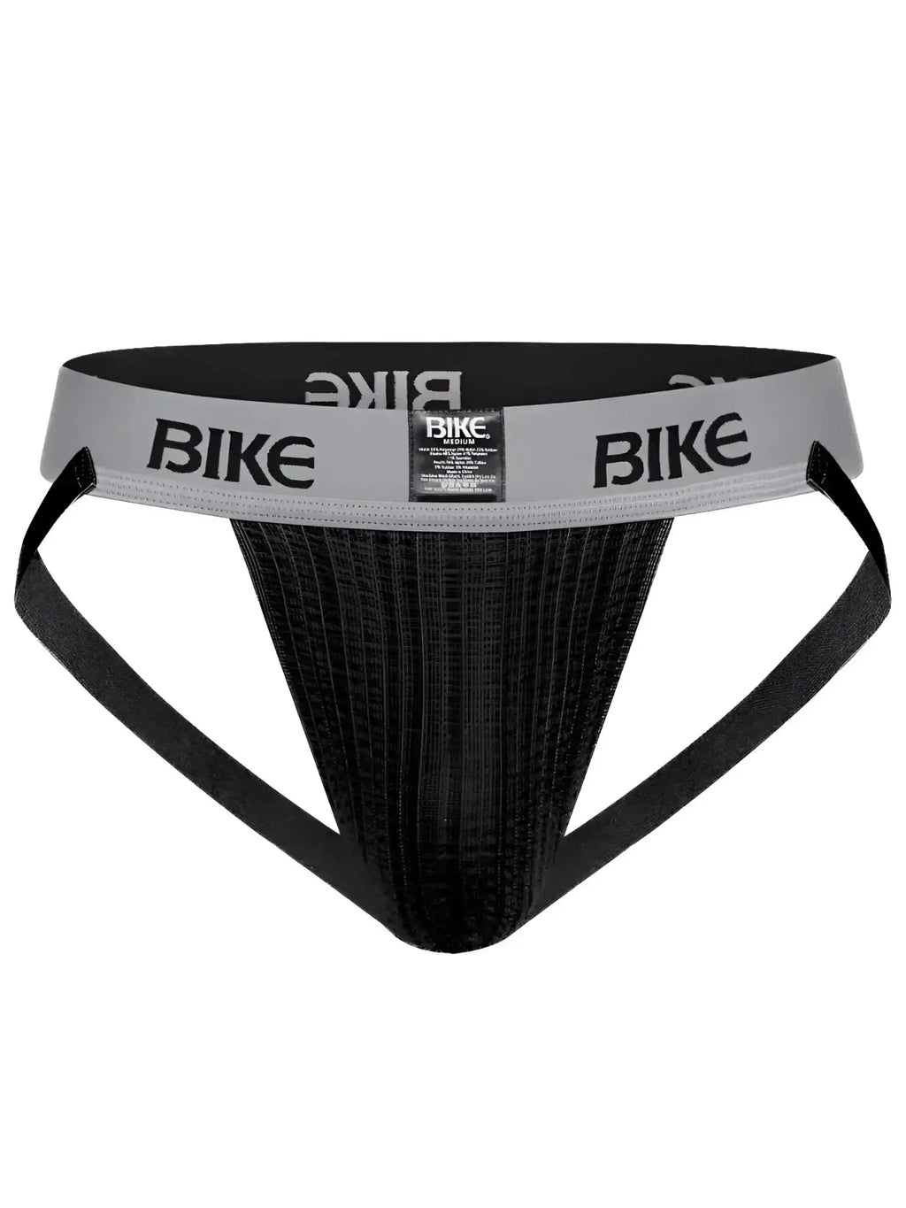 Front view of the BIKE Athletic BAS303 Classic jockstrap in black with a grey branded waistband.