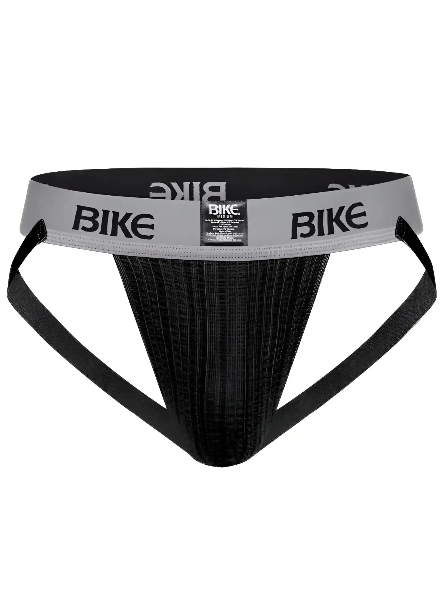 Front view of the BIKE Athletic BAS303 Classic jockstrap in black with a grey branded waistband.