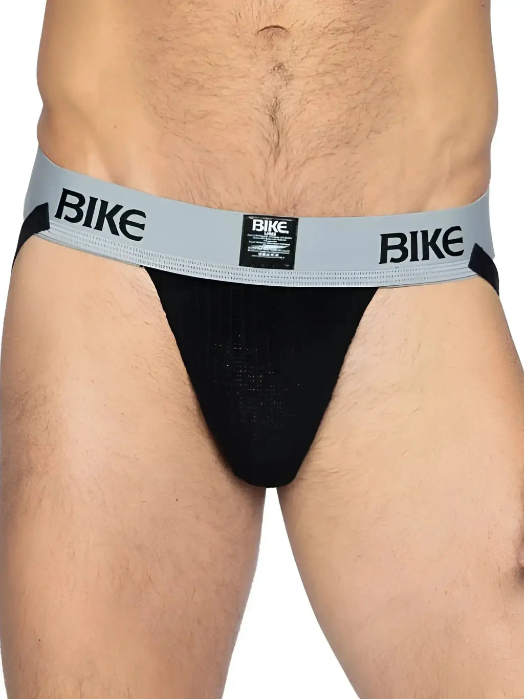 Front view of BIKE Athletic BAS303 Classic jockstrap in black with gray logo waistband.