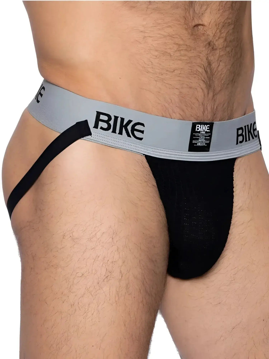 BIKE Athletic BAS303 Classic jockstrap in black. Side view showing the elastic waistband and mesh pouch.