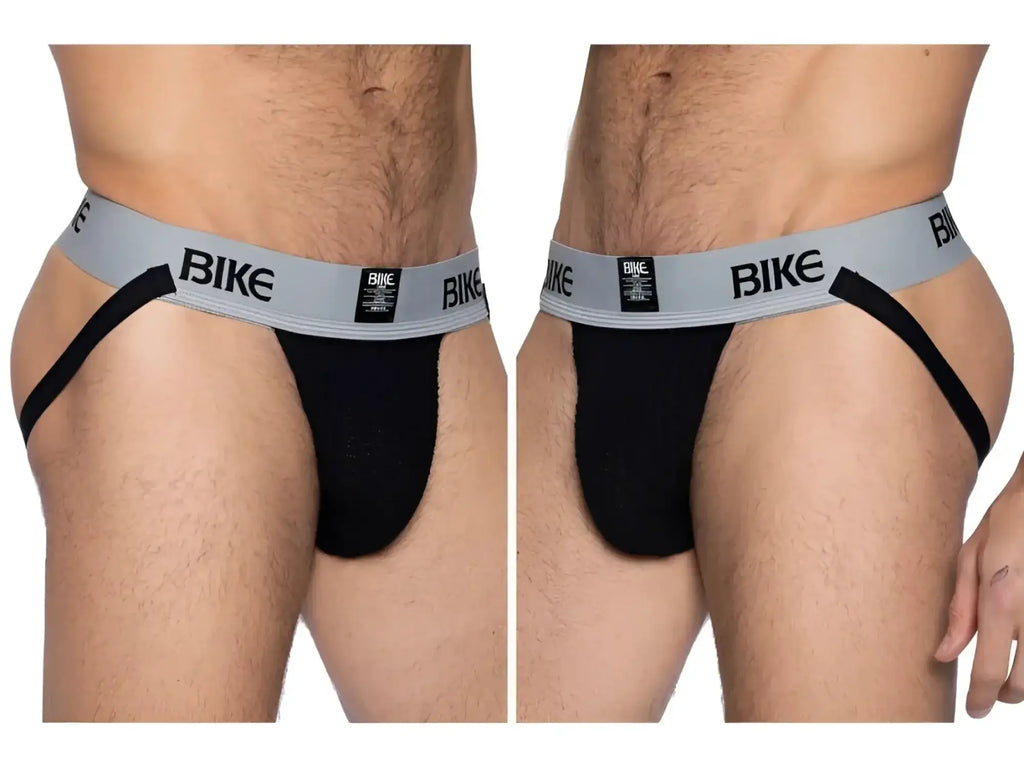 Front and side view of the black BIKE Athletic BAS303 Classic Jockstrap on a model.
