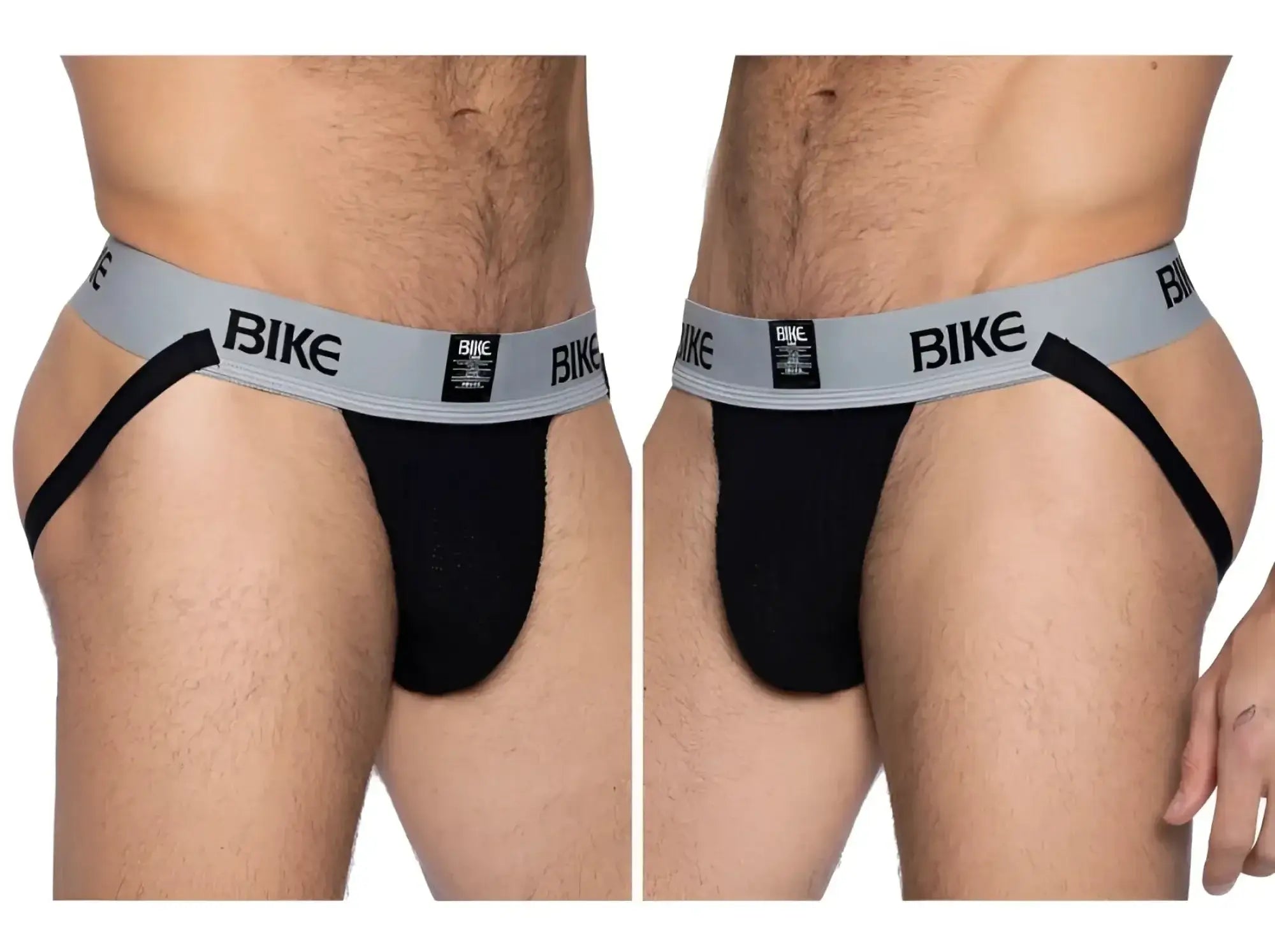 Front and side view of the black BIKE Athletic BAS303 Classic Jockstrap on a model.