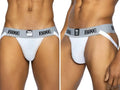 BIKE Athletic BAS304 white jockstrap, front and side view on a model.
