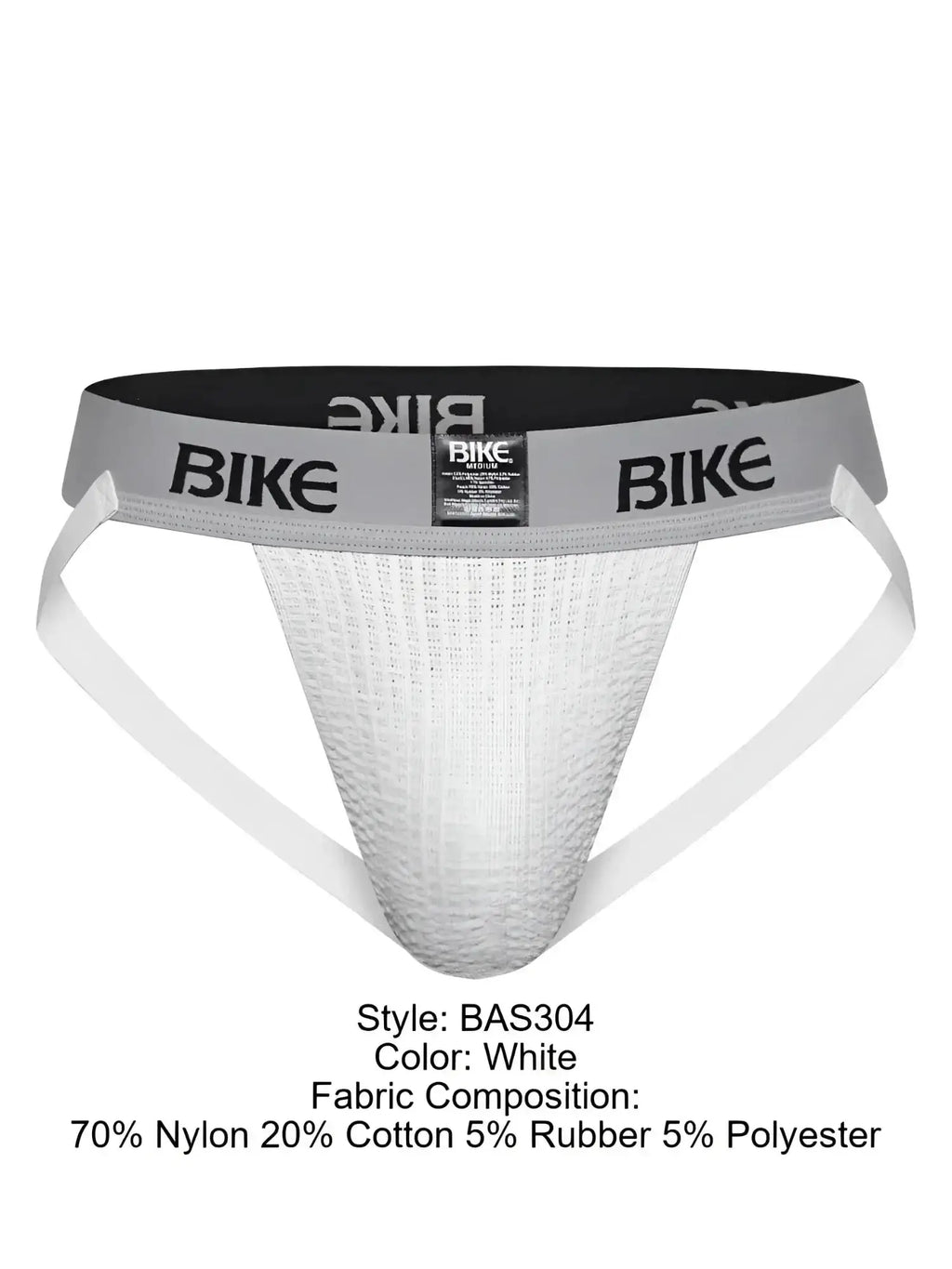 BIKE Athletic BAS304 Classic jockstrap in white, front view showing the waistband and textured pouch.