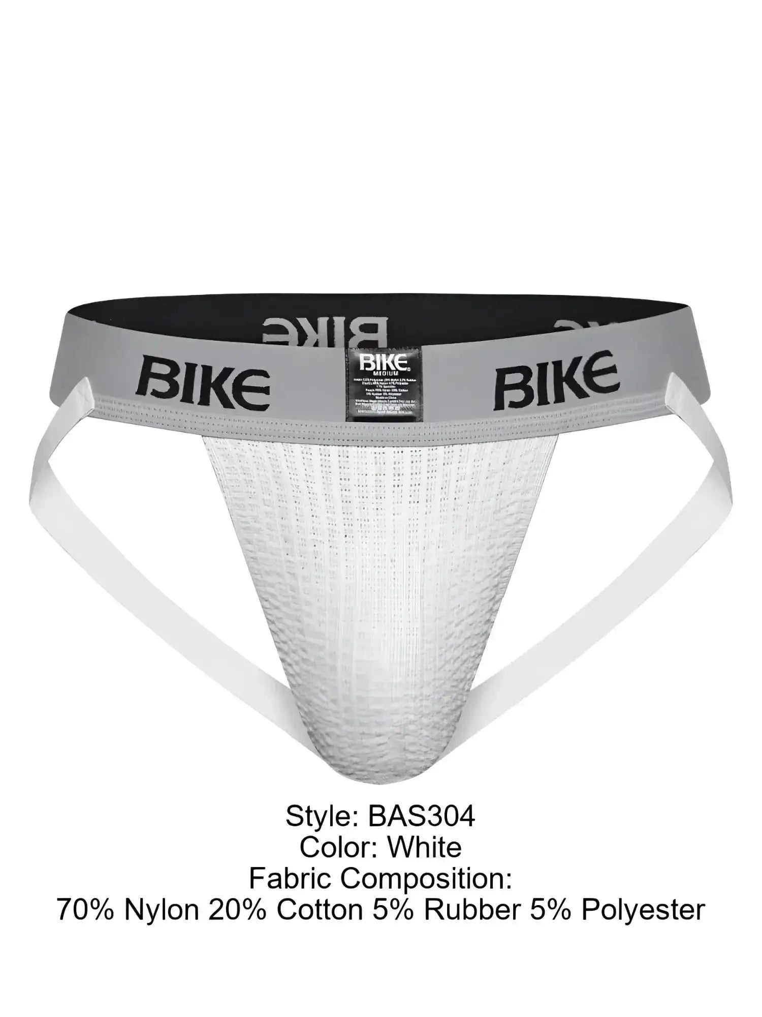 BIKE Athletic BAS304 Classic jockstrap in white, front view showing the waistband and textured pouch.