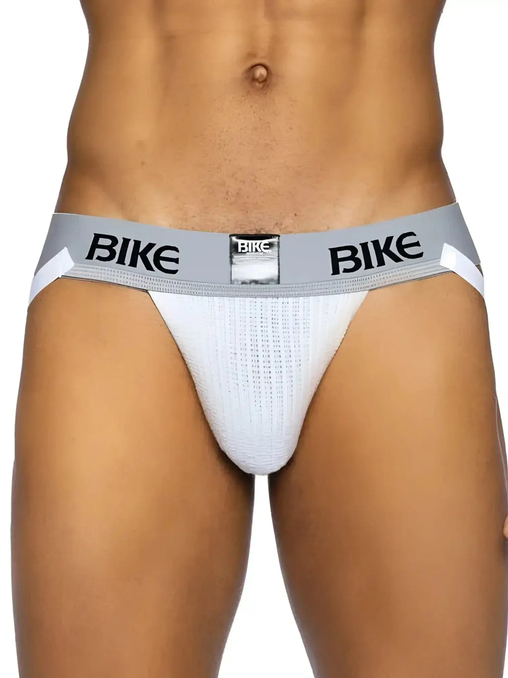 Front view of the white BIKE Athletic BAS304 Classic Jockstrap worn by a model.