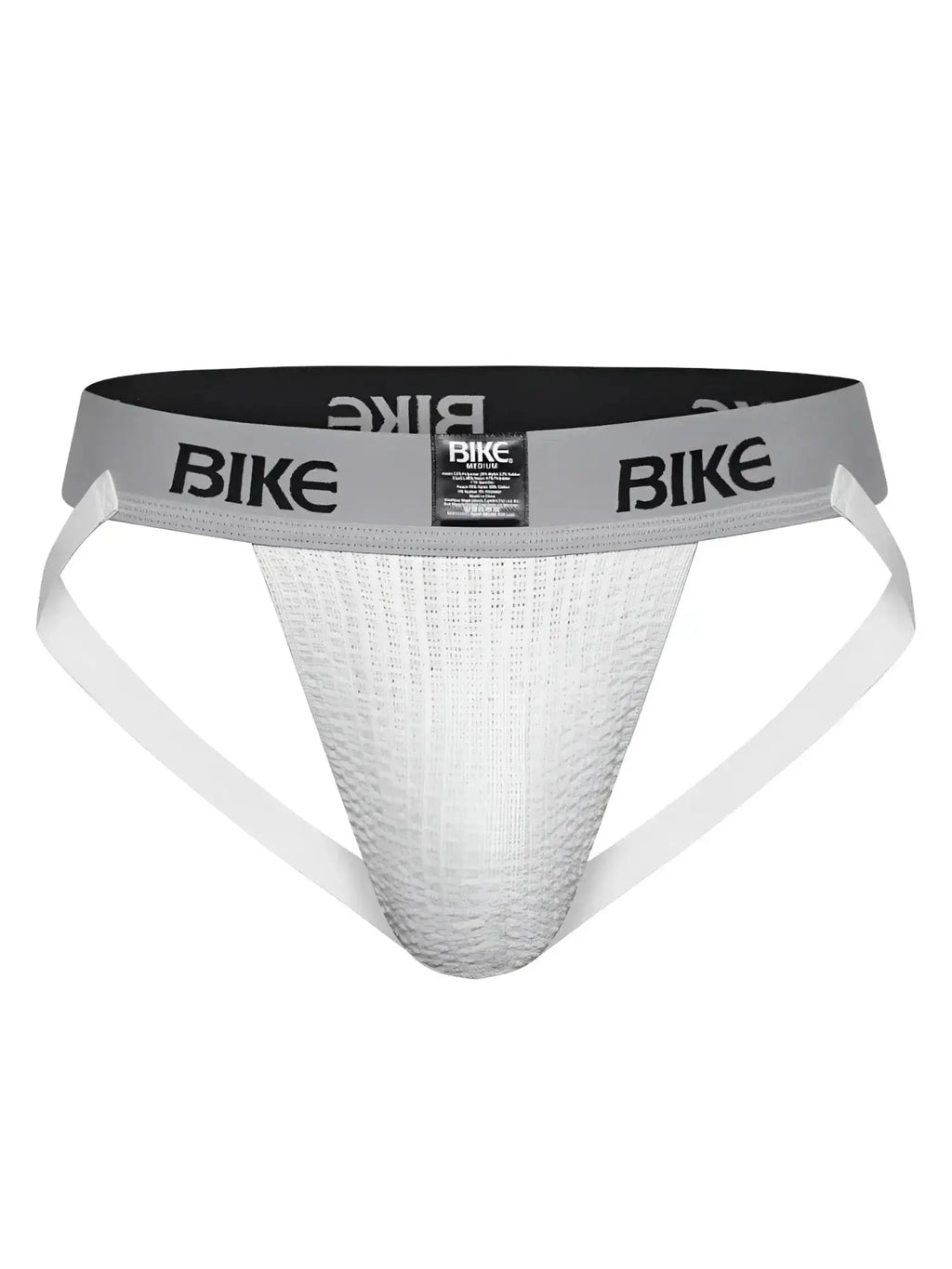 Front view of the white BIKE Athletic BAS304 Classic Jockstrap with a gray branded waistband.