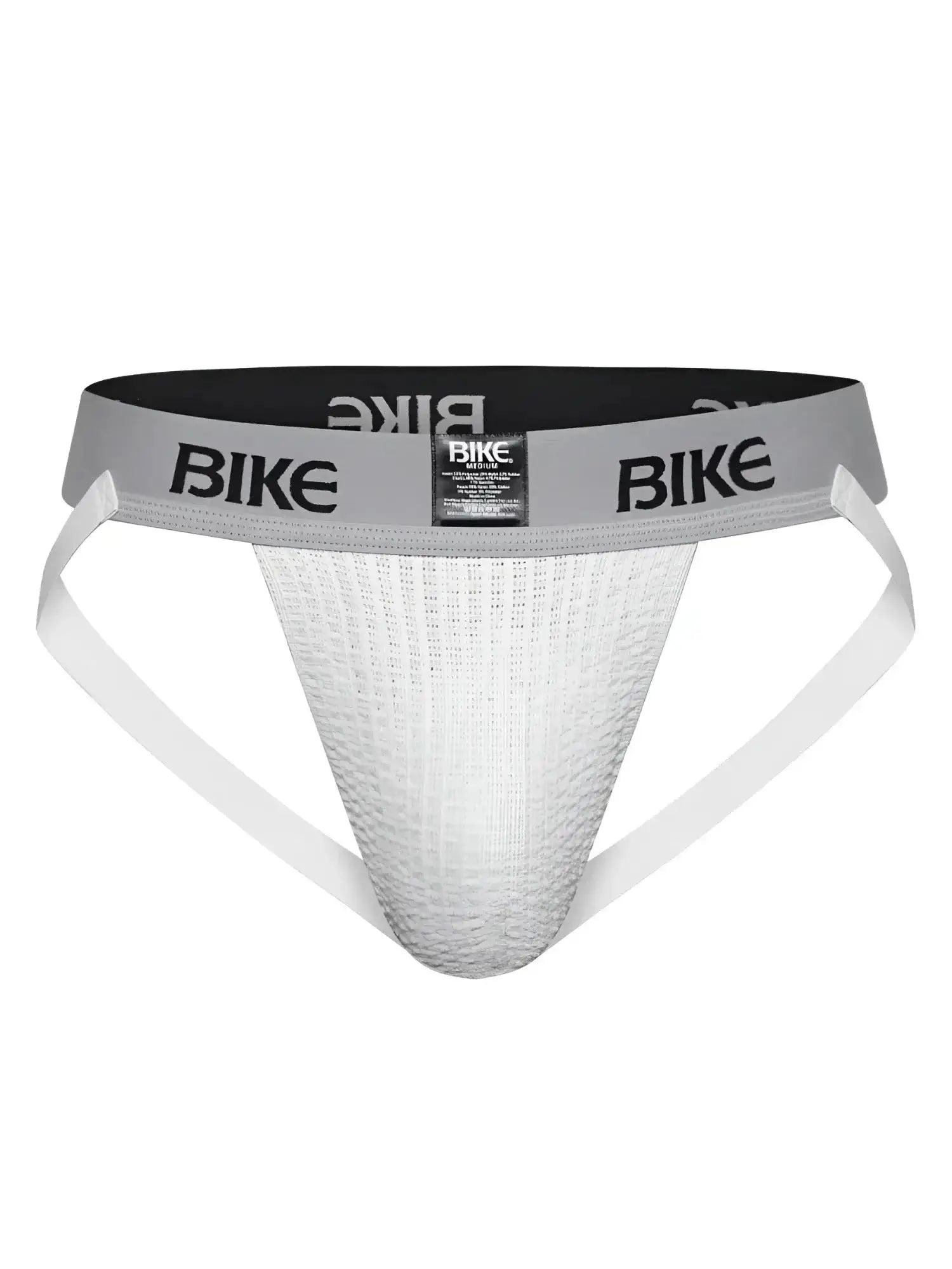 Front view of the white BIKE Athletic BAS304 Classic Jockstrap with a gray branded waistband.