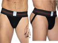 Front and side views of the black BIKE Athletic BAS306 Original Number 10 jockstrap on a model.