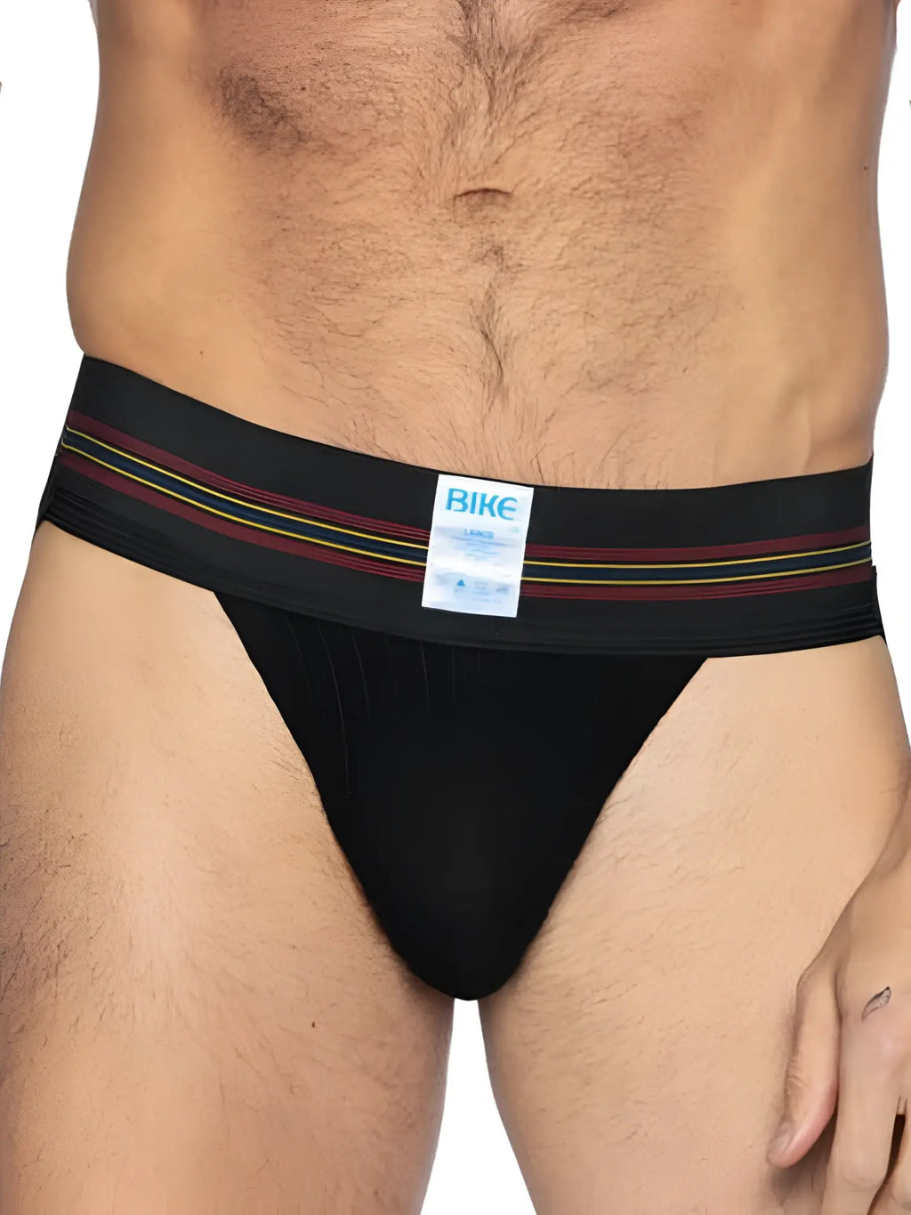 Front view of a black BIKE Athletic BAS306 Original Number 10 jockstrap on a model.