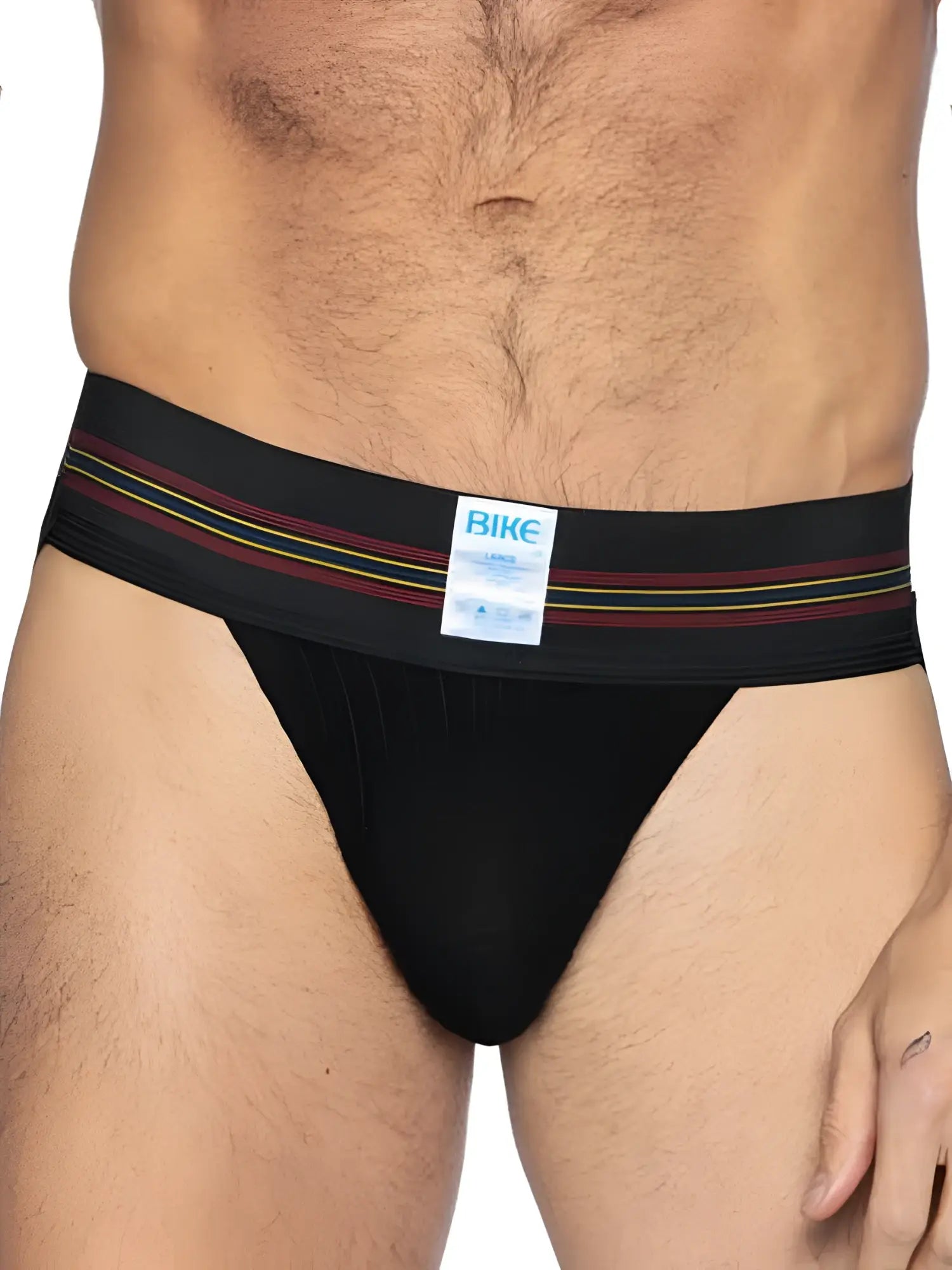 Front view of a black BIKE Athletic BAS306 Original Number 10 jockstrap on a model.