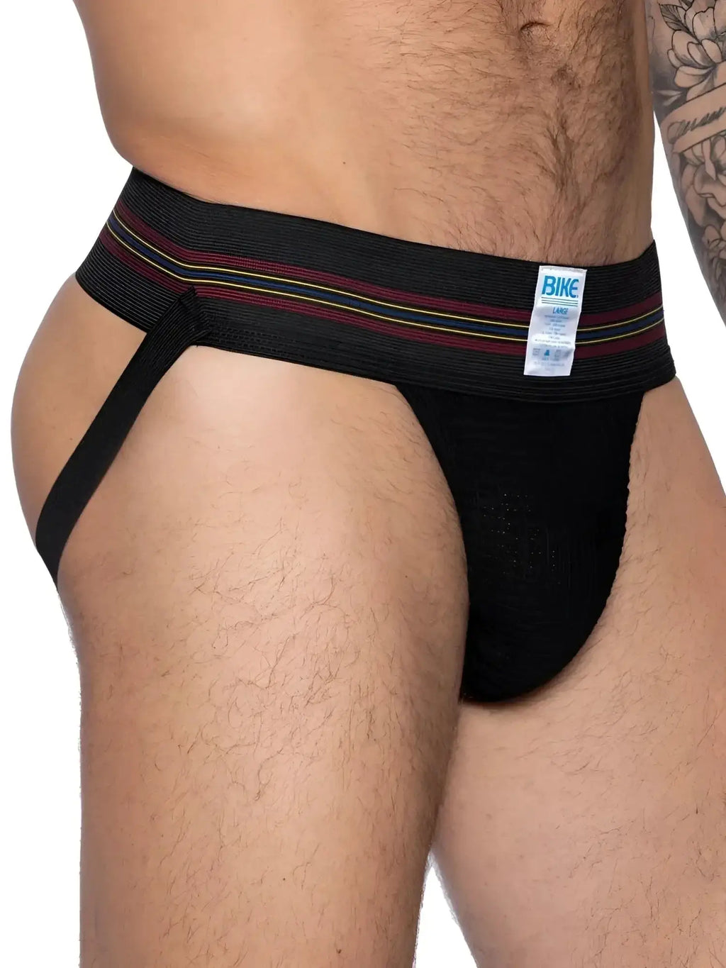 BIKE Athletic BAS306 Original Number 10 jockstrap in black. Side view showing the elastic waistband and leg strap.