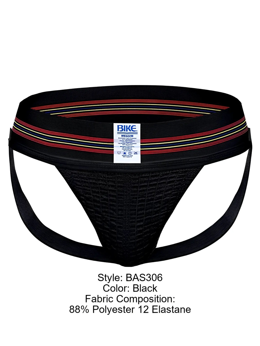 Front view of the black BIKE Athletic BAS306 Original Number 10 jockstrap with a branded waistband.