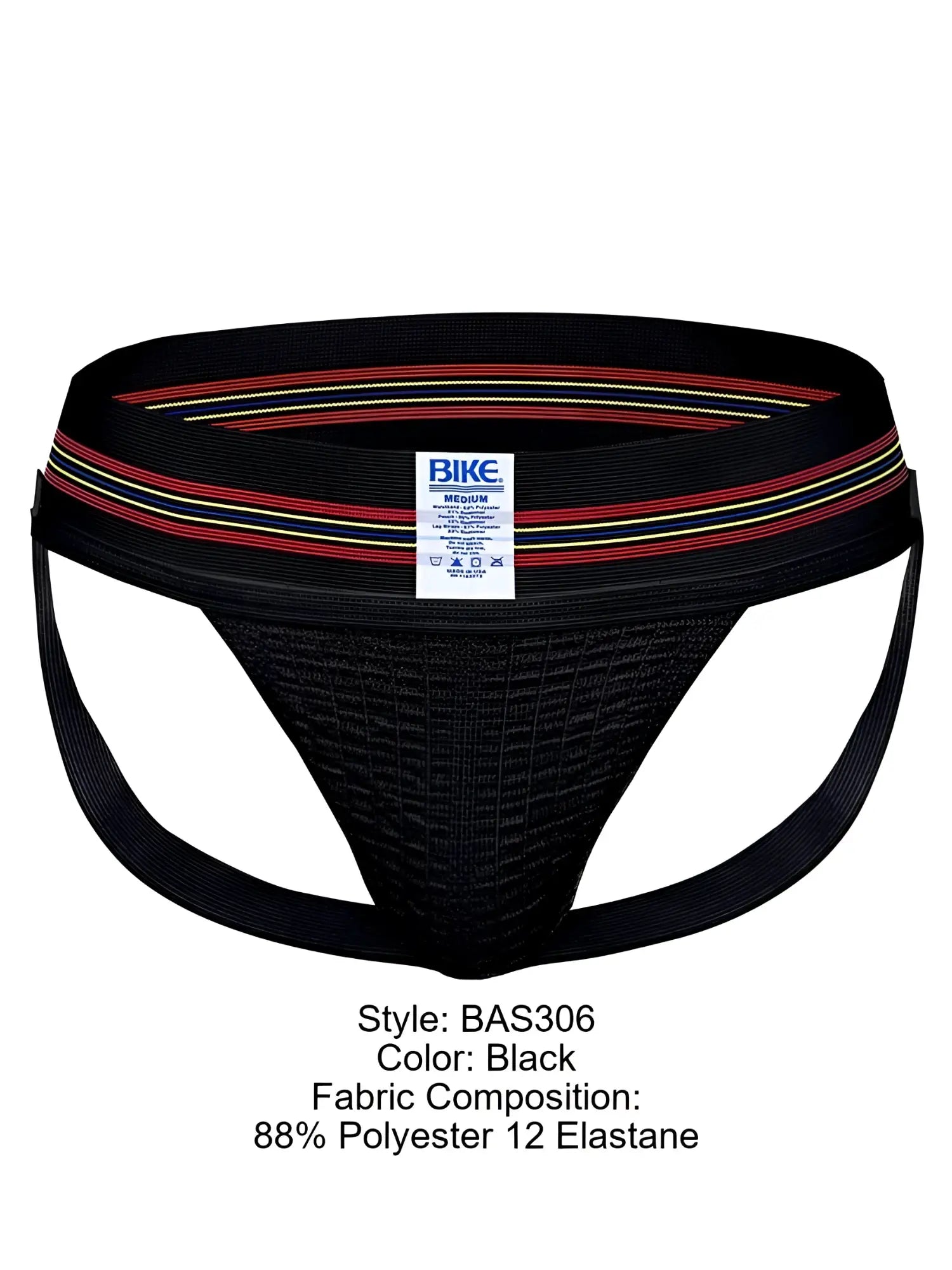 Front view of the black BIKE Athletic BAS306 Original Number 10 jockstrap with a branded waistband.