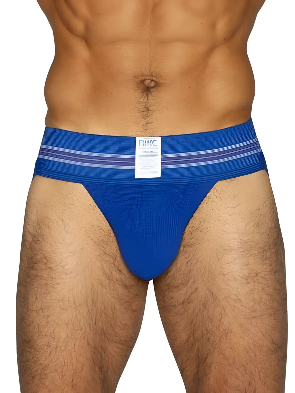 Front view of the royal blue BIKE Athletic BAS306 Original Number 10 jockstrap worn on a model.